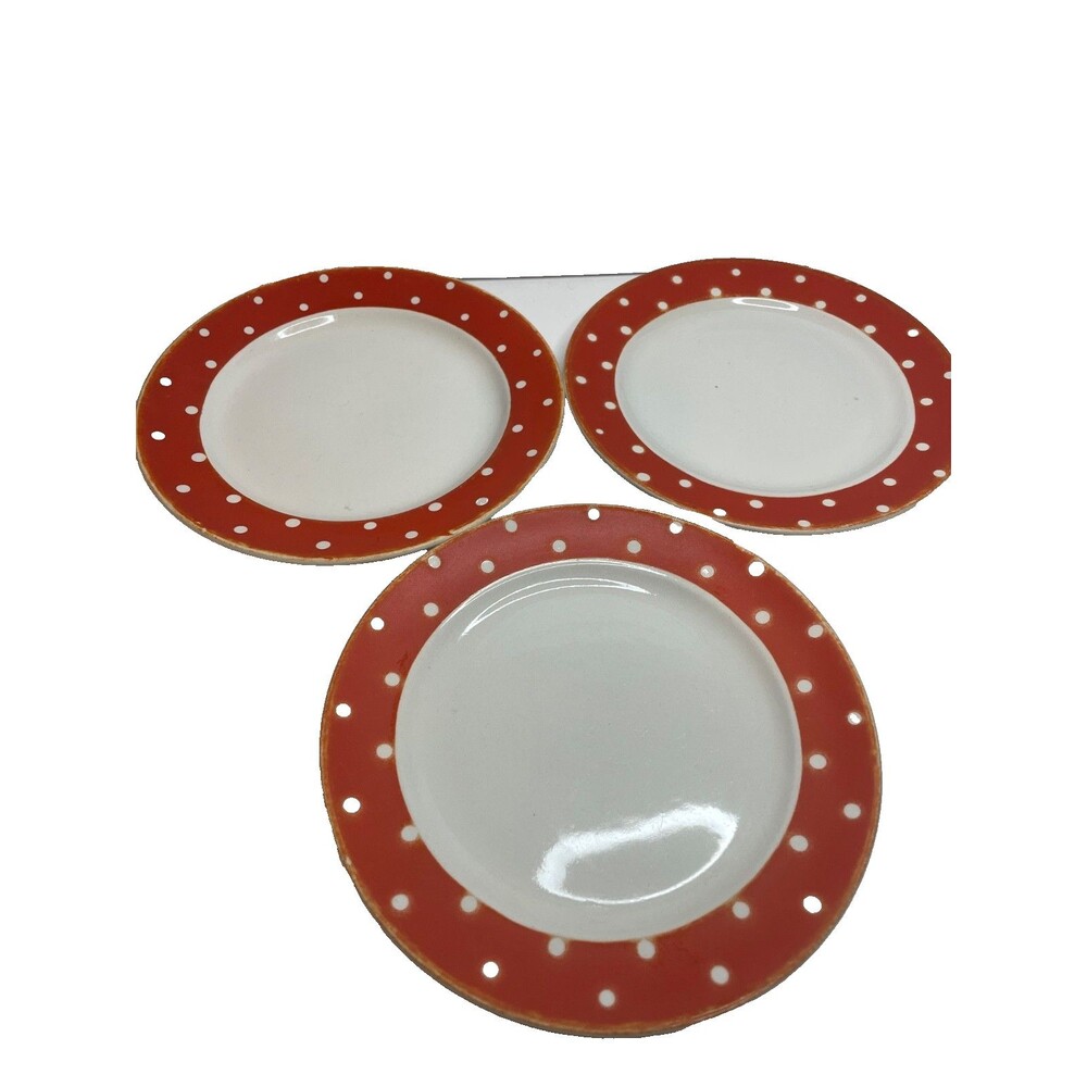 3 Upsala Ekeby red polka dot Salad Plate Sweden Rare Amanita Vtg MCM 7”